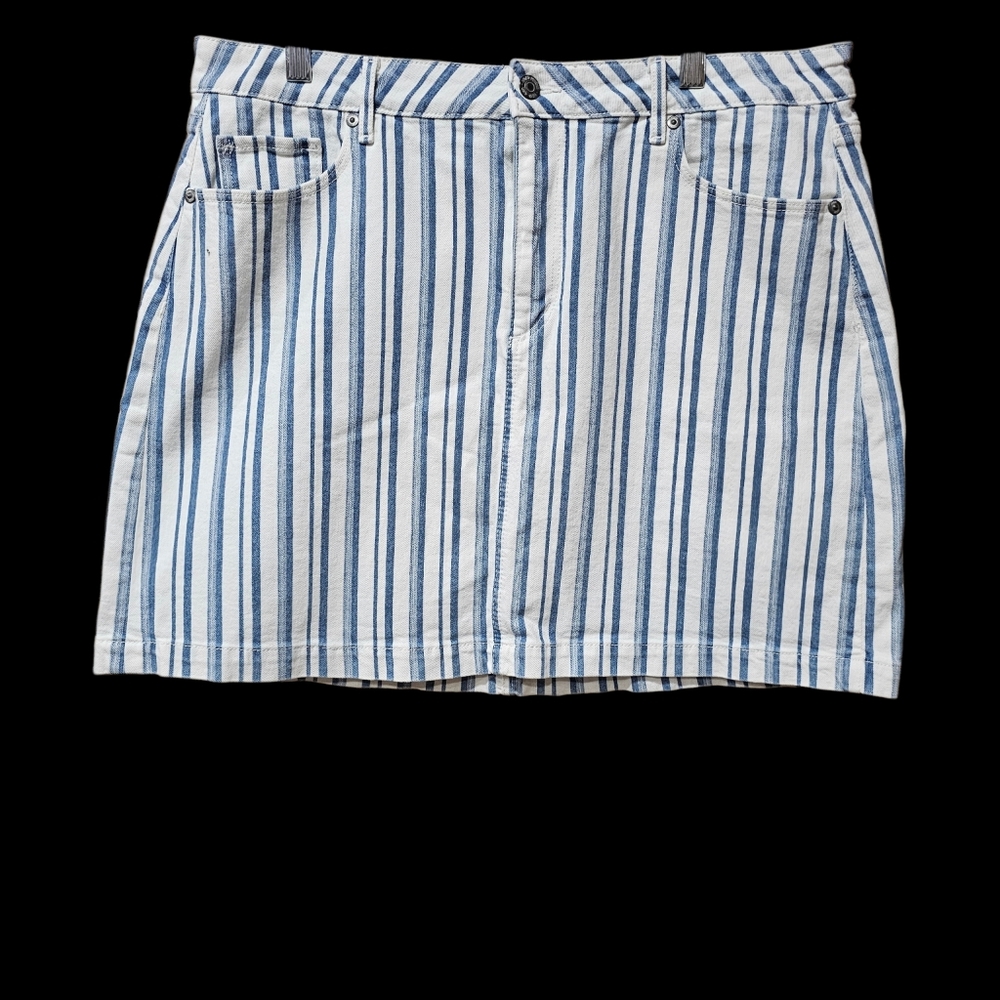 Ann Taylor LOFT Striped Denim Mini Skirt Women’s Size 14 Blue White High Rise - Picture 2 of 5
